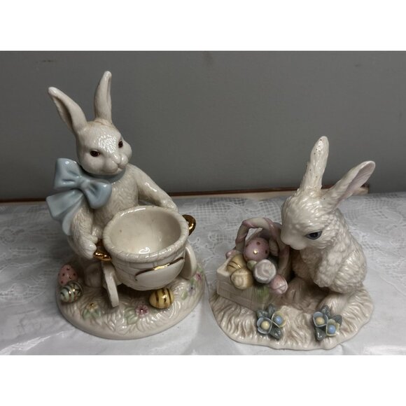 Two 2004 Lenox Fine Ivory Easter Bunny Egg Cup Basket Spring Tulips - Picture 3 of 14